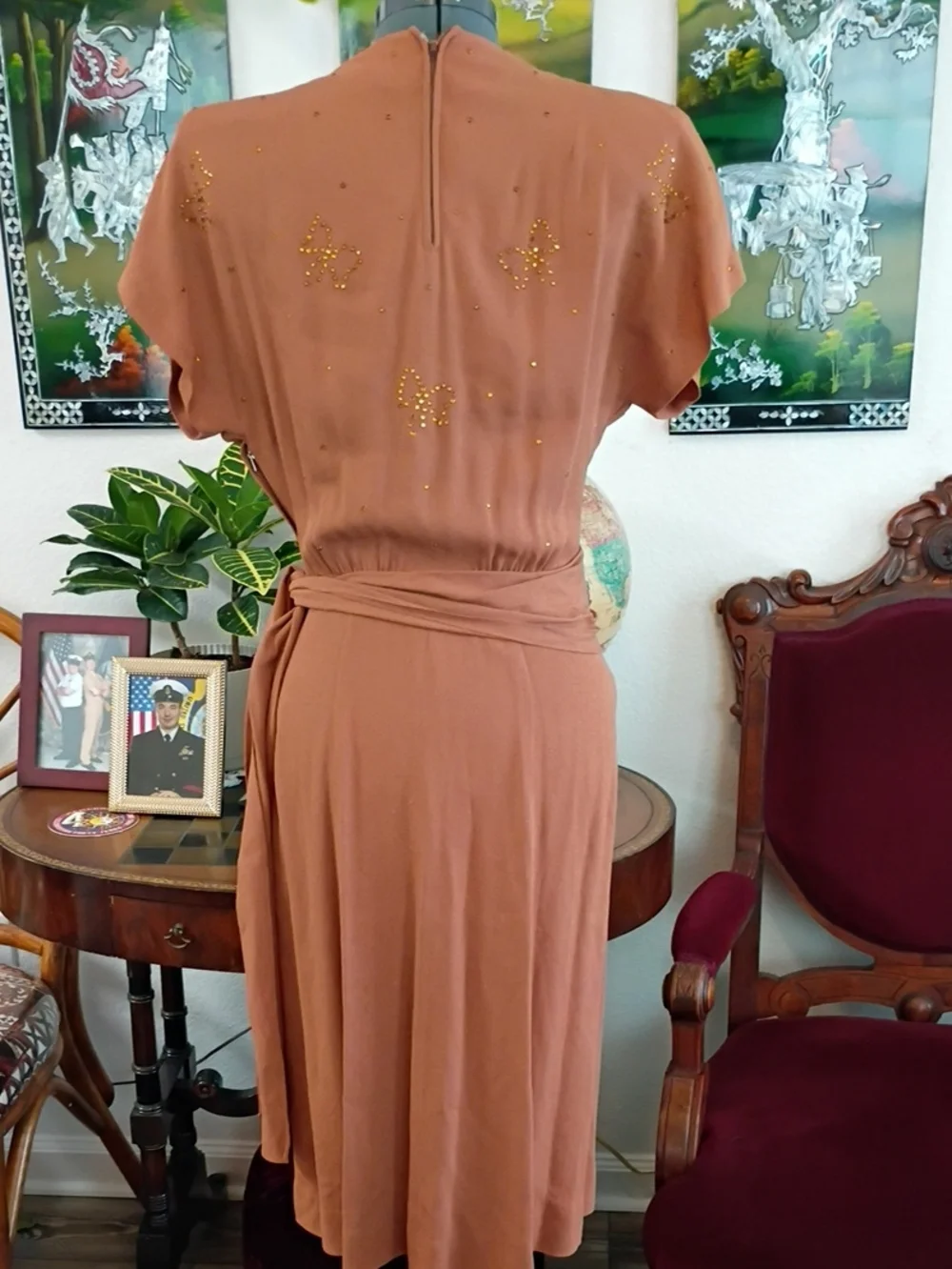 Vintage 1940s Orange Cocktail Dress Size Extra Small - Picture 6 of 8